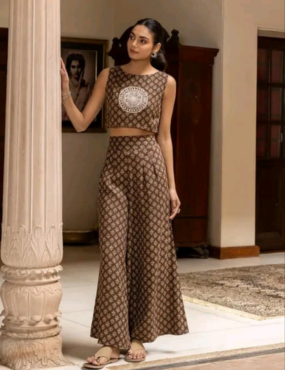 Brown Printed Co ord Set with Plazo
