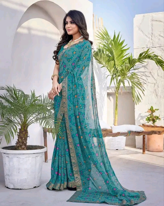 Rangeelo Bandhni Saree with Zari Border