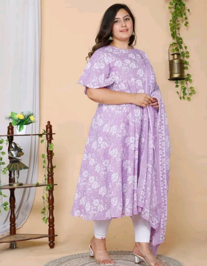 Floral Bell Sleeves Lavender Kurti with Dupatta