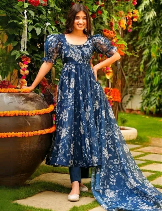 Blue Floral Anarkali with Dupatta