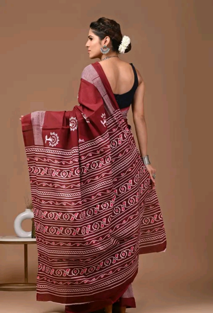 Mulmul Red Tribal print saree