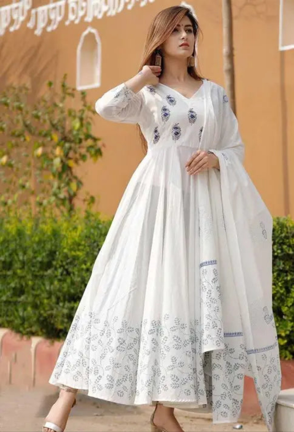 Elegant White Printed Anarkali