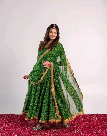 Bandhni Zari Border Anarkali Kurti Set