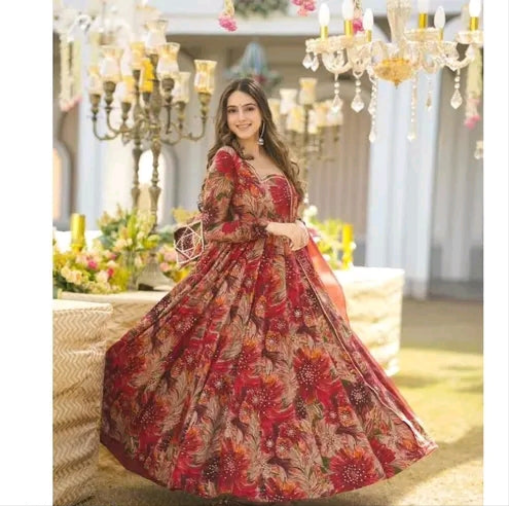 Red Floral Anarkali with Gota work