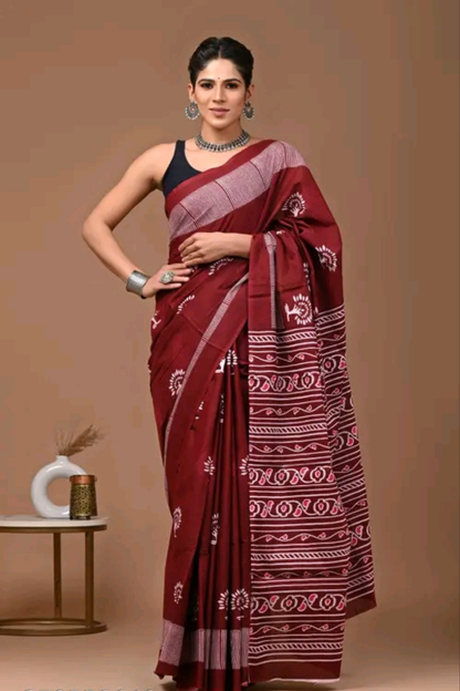 Mulmul Red Tribal print saree