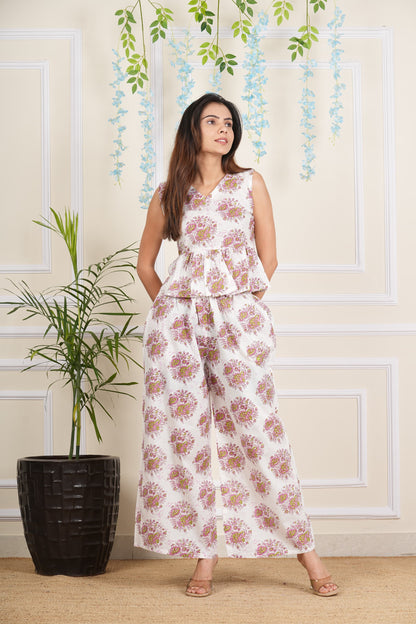 Inaayat White sleevless block print Co Ord set