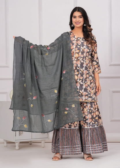 Inaayat Leaf Print Gota Work Sharara Set with Hand painted Mulmul Dupatta