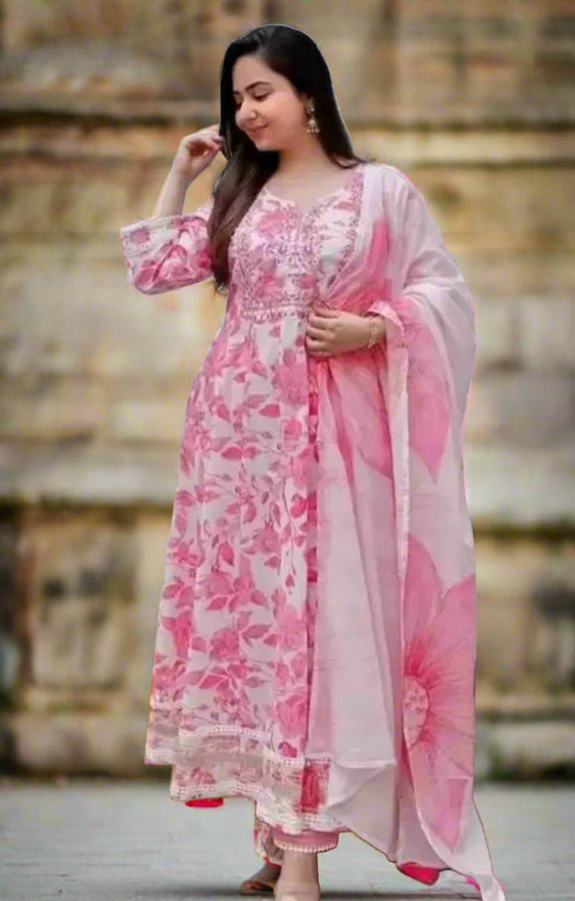 Pink Suit with Floral Dupatta and lace border