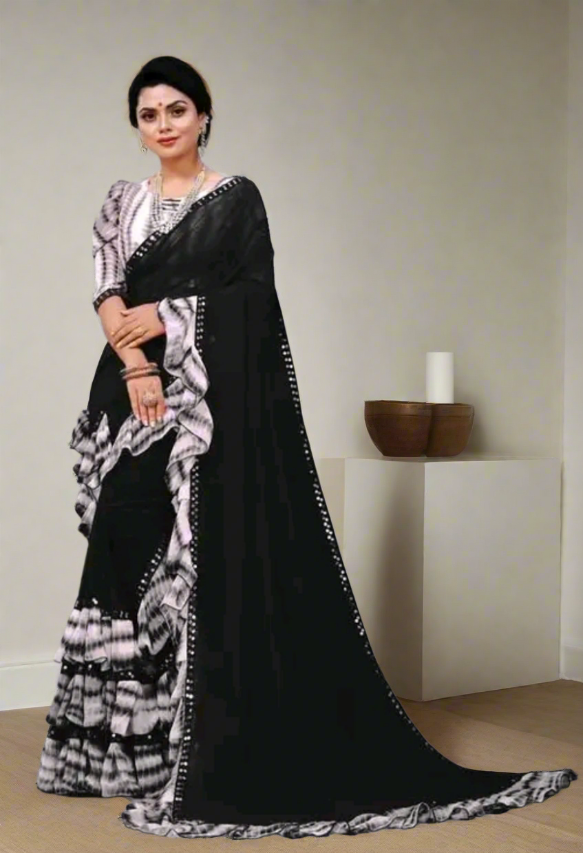 Sibori Mirror Work Ruffle Saree