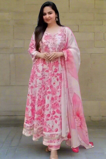 Pink Suit with Floral Dupatta and lace border