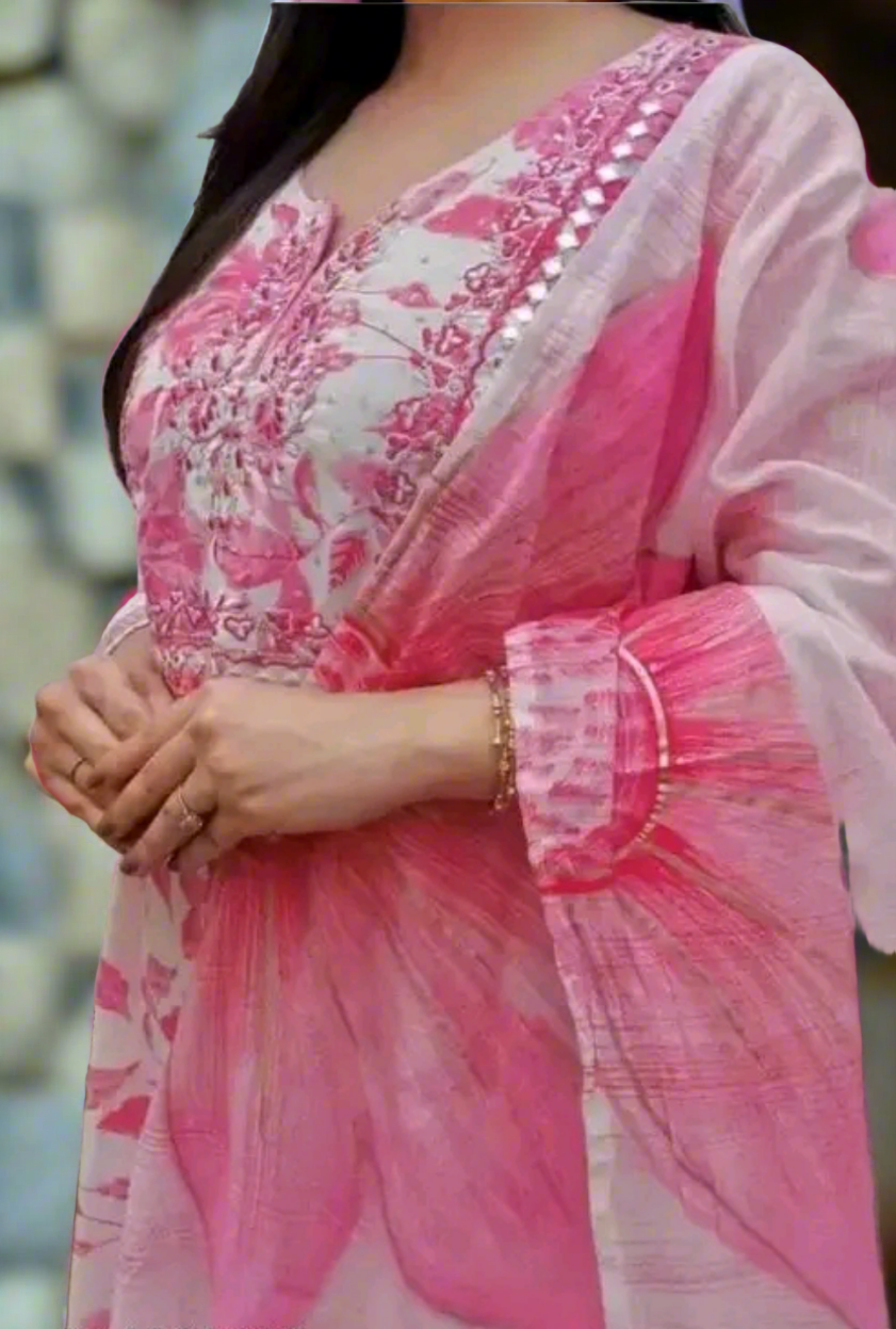 Pink Suit with Floral Dupatta and lace border