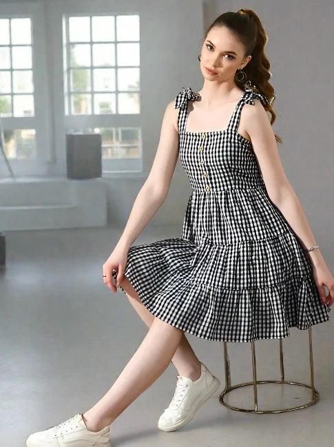 Cotton Check Tiered Dress