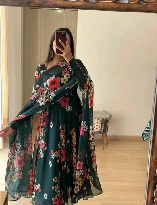 Floral PRINT Anarkali KURTI WITH DUPATTA