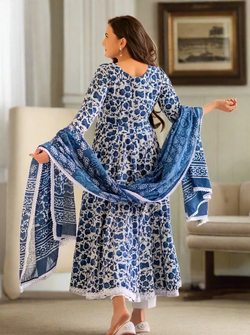 Lace Border; Blue White Long Kurti Set with Pants and Dupatta