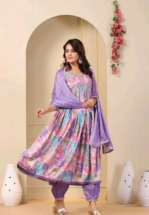 Floral ALine Kurti with Afghani Pants and Dupatta