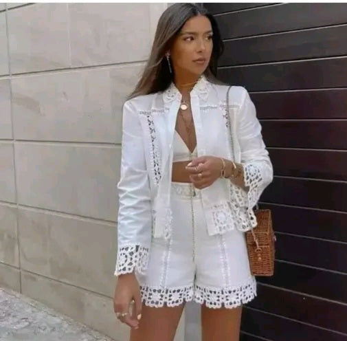 Elegant Lace Jacket and Shorts Suit Set