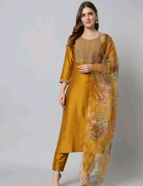 Silk Kurti with Zardozi Work and Floral Dupatta