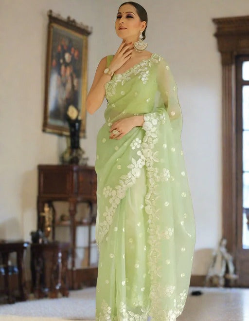 Green Floral Embroidery Organza delicate saree