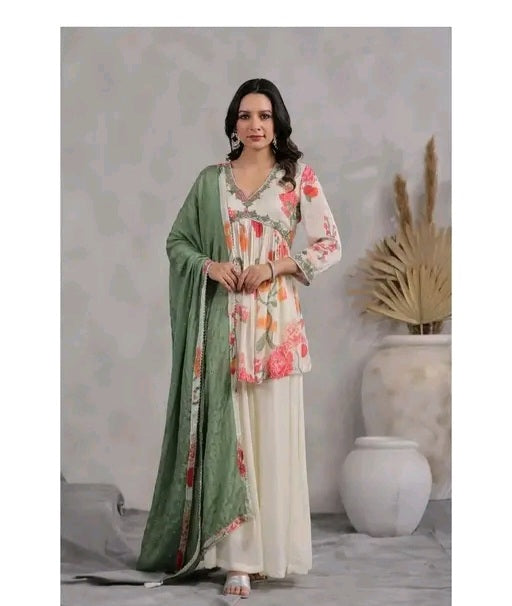 Floral Print Sharara Set With Embroidery