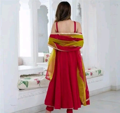 Red Anarkali with Bandhej Dupatta