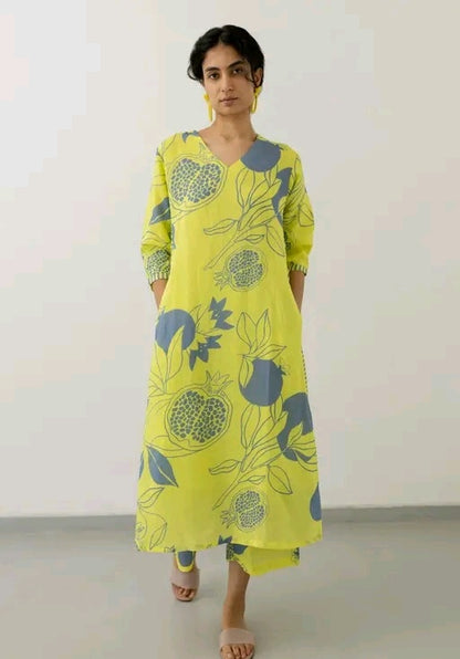 Florescent Green Printed Kurti Co Ord Set