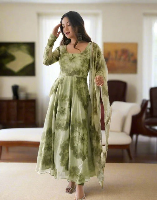 Green floral georgette anarkali suit set