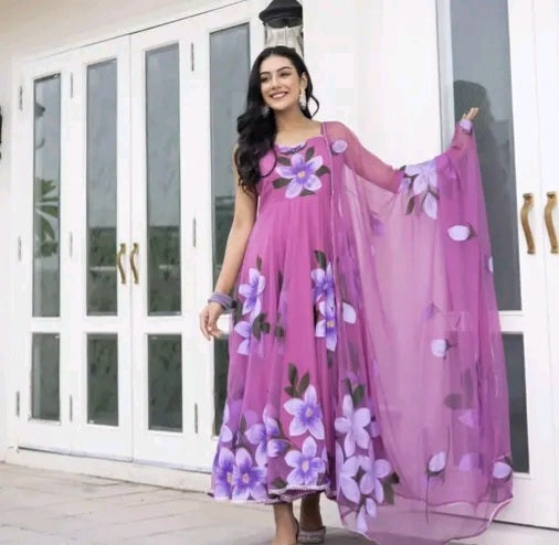 Ishqiya Floral Handpainted A-line Kurti with Dupatta