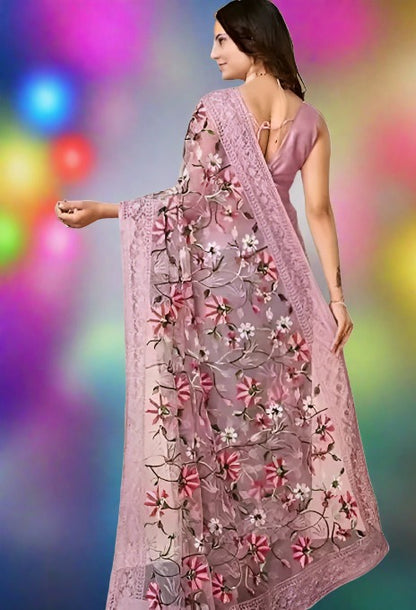 Net Saree with Floral Embroidery