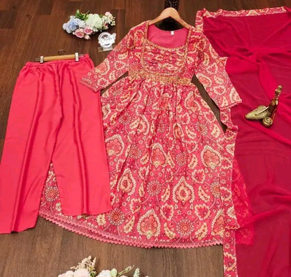 Ibadat Red Mirror Work Suit Set