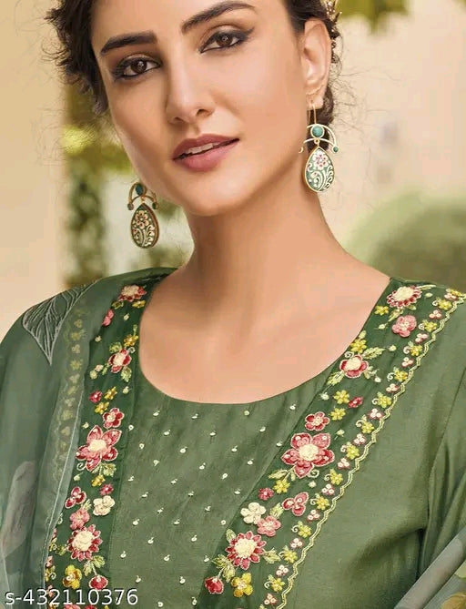 Green Kurti Set with Floral Dupatta