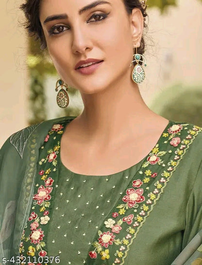 Green Kurti Set with Floral Dupatta