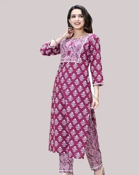 Maroon Printed Kurti set with Dupatta