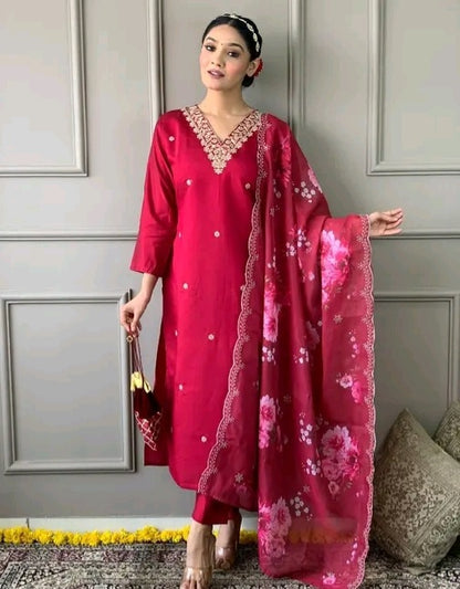 Silk Red Kurti Set with Floral Organza Dupatta