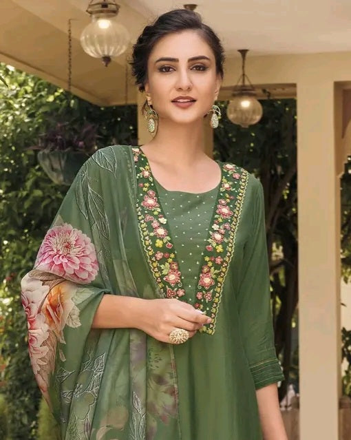 Green Kurti Set with Floral Dupatta