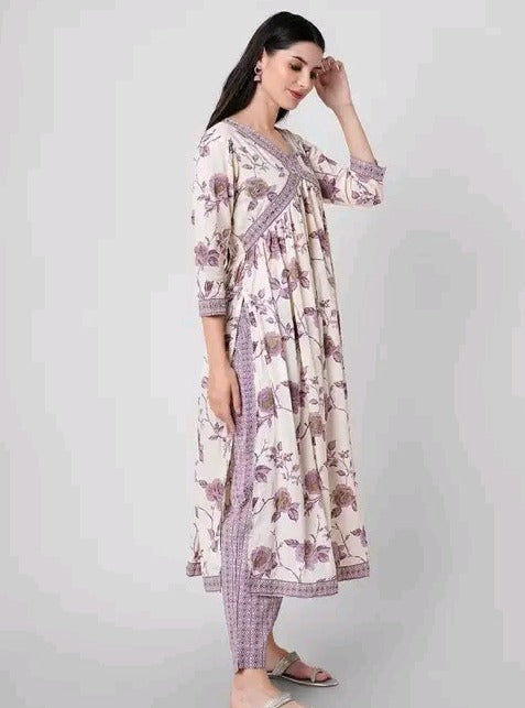 Lavender Floral Kurti Set with Dupatta