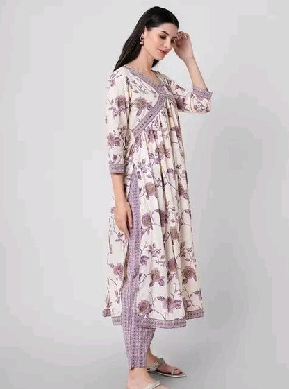 Lavender Floral Kurti Set with Dupatta