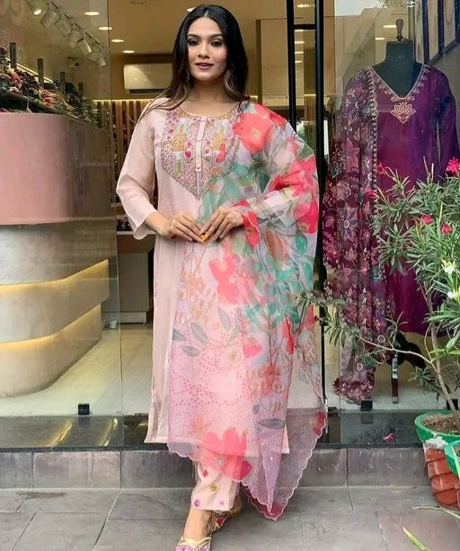 Pink Emboridery suit with Floral dupatta