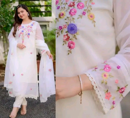 Sukoon Floral Embroidery Kurti with Dupatta and Pants