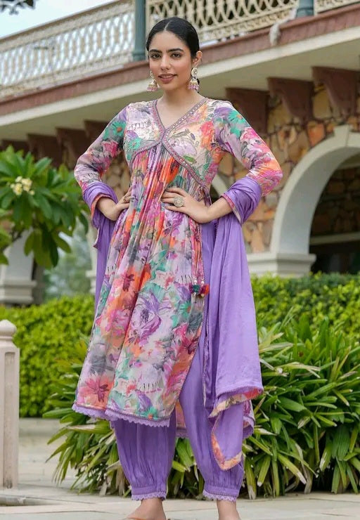 Floral ALine Kurti with Afghani Pants and Dupatta