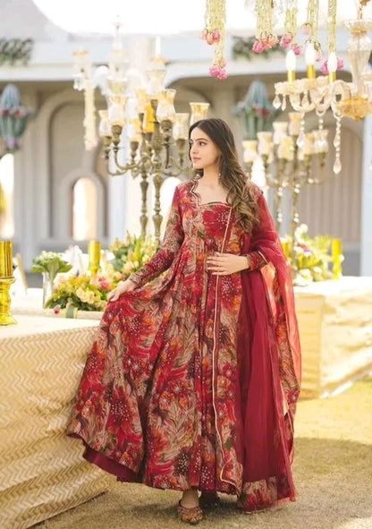 Red Floral Anarkali with Gota work