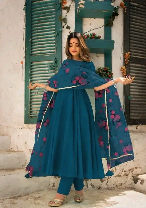 Anarkali Suit Set with Organza Floral Dupatta