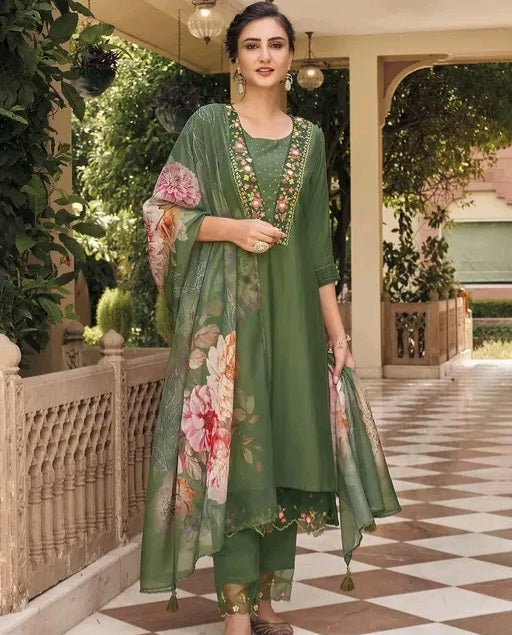 Green Kurti Set with Floral Dupatta