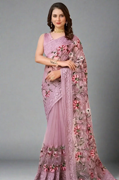 Net Saree with Floral Embroidery