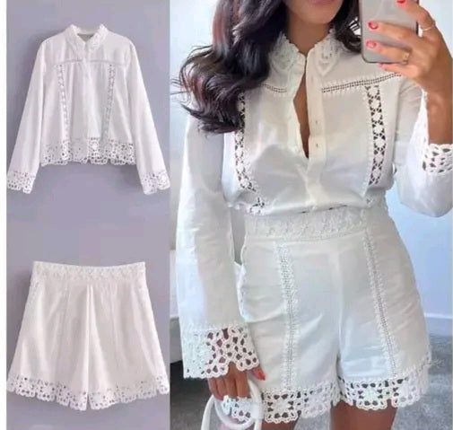 Elegant Lace Jacket and Shorts Suit Set