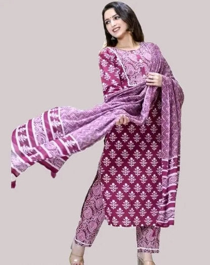 Maroon Printed Kurti set with Dupatta