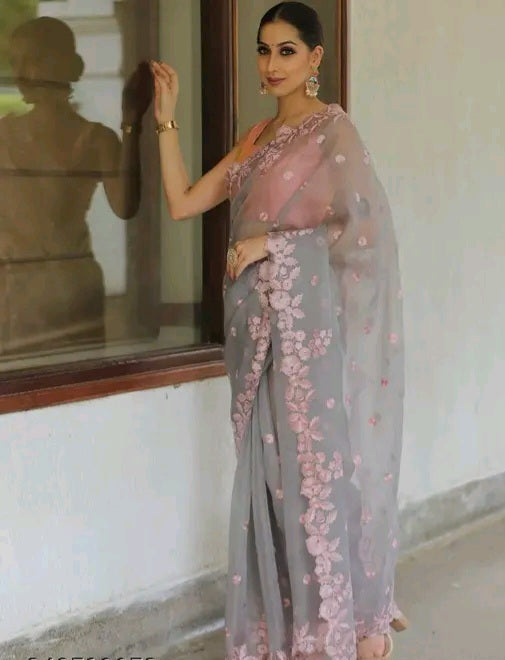 Floral Embroidery Organza Saree