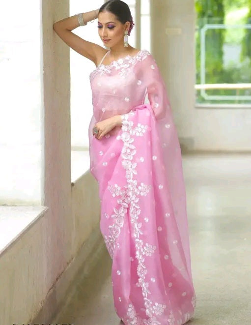 Floral Embroidery Organza Saree