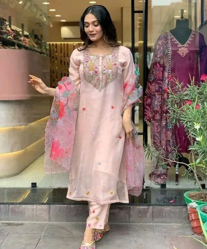 Pink Emboridery suit with Floral dupatta