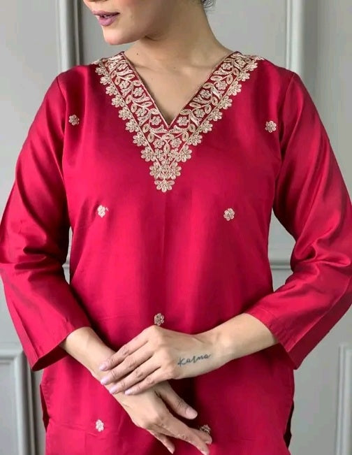 Silk Red Kurti Set with Floral Organza Dupatta