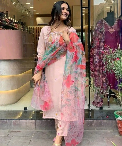 Pink Emboridery suit with Floral dupatta